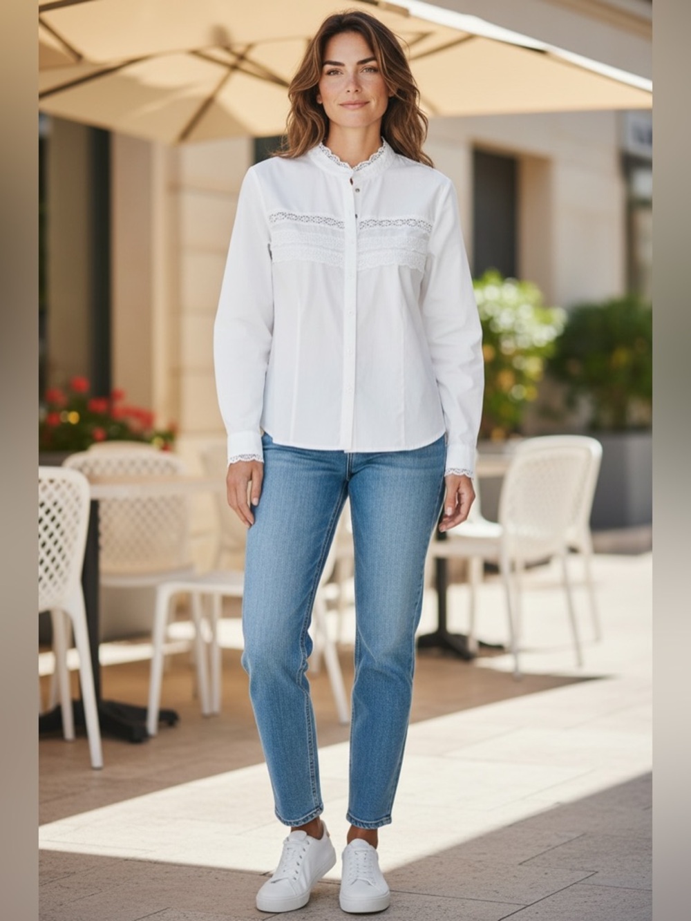 Liz Claiborne White Ruffled Lace-Trim Button Down Shirt